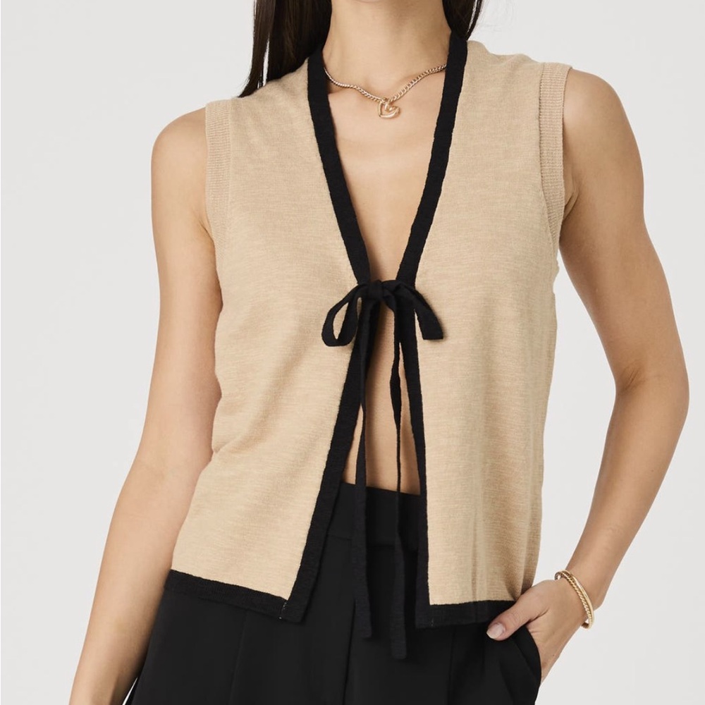 French Connection Camel Knit Sleeveless Vest with Black Accent